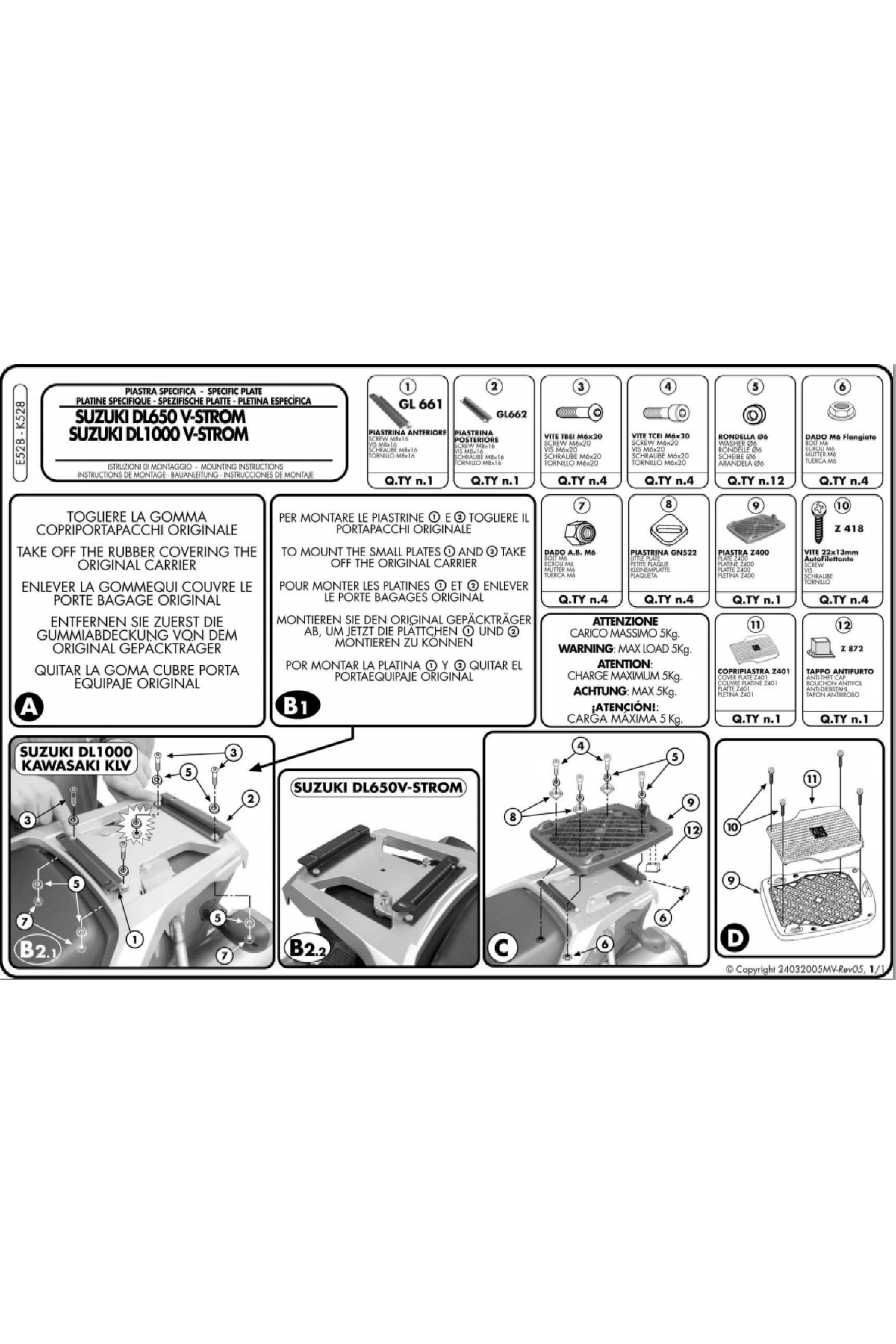 KAPPA K528 SUZUKI DL 650-1000 V-STROM (02-11) - KAWASAKI KLV 1000 (04-10) ARKA ÇANTA TAŞIYICI