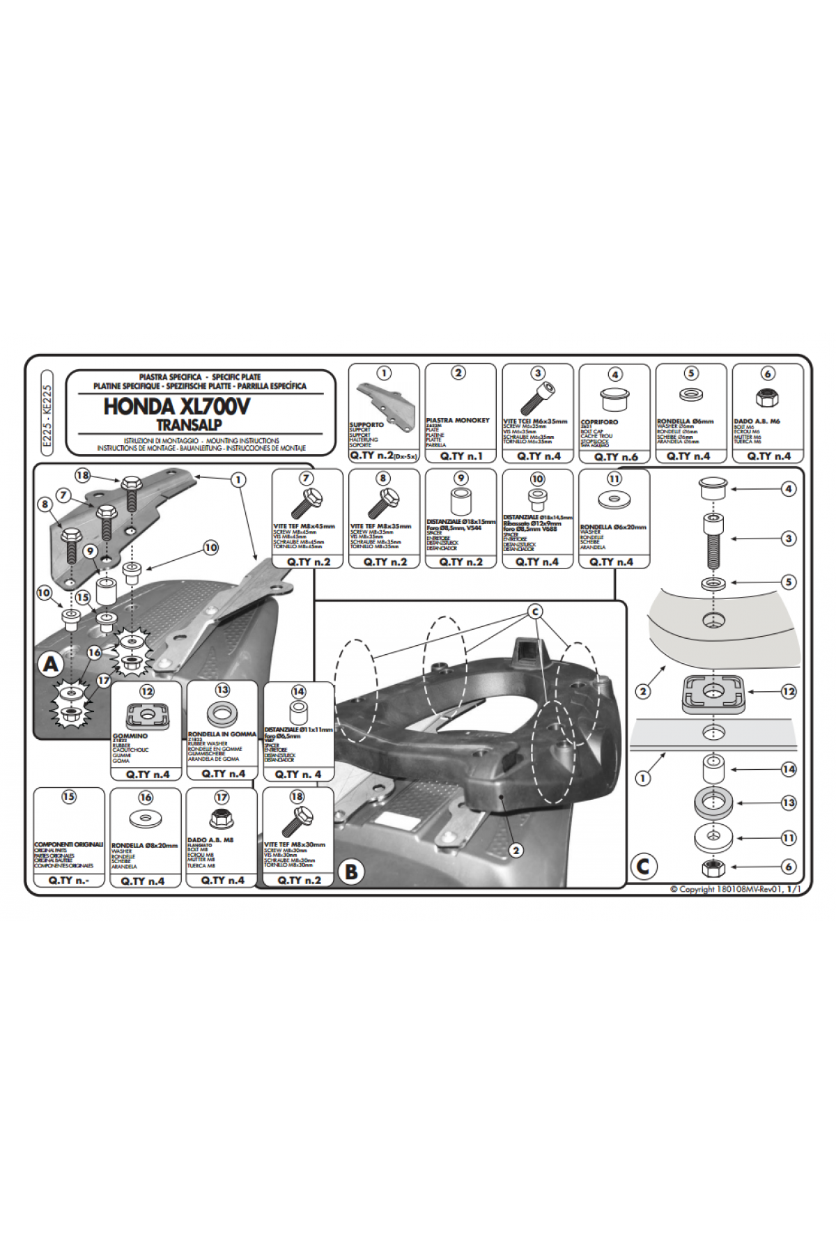 KAPPA K225 HONDA XL 700 TRANSALP (08-13) ARKA ÇANTA TAŞIYICI