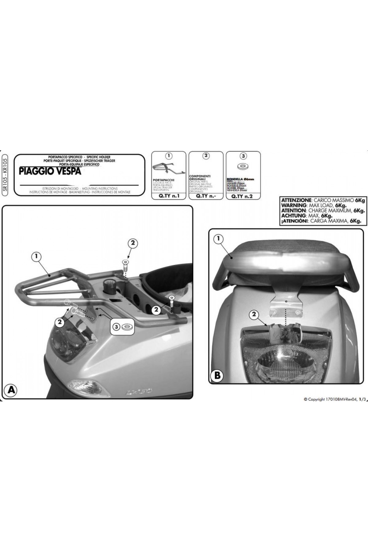 GIVI SR105 PIAGGIO VESPA LX - S 50-125-150 (05-14) ARKA ÇANTA TAŞIYICI